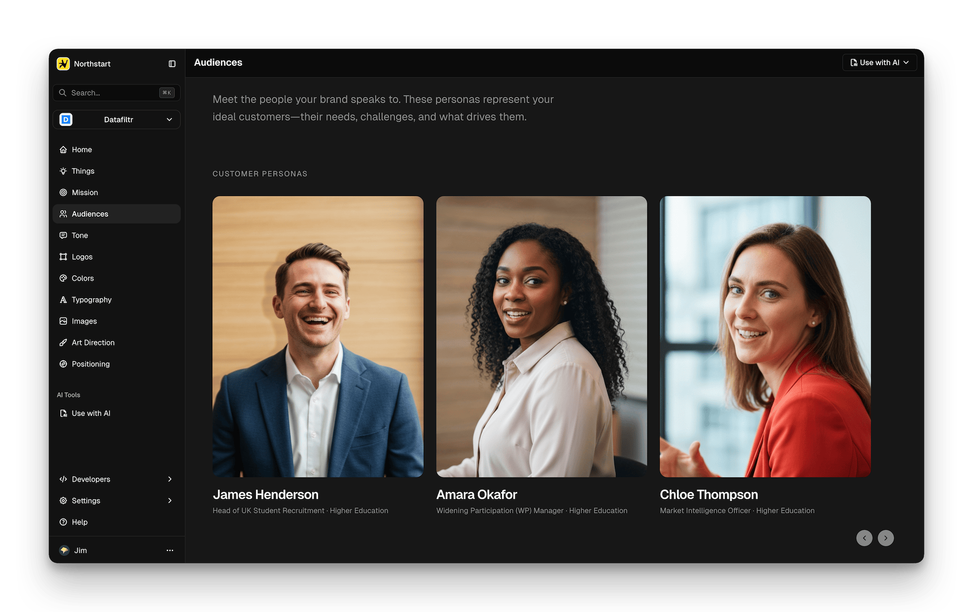 Brandparser's user interface - showing the Audiences view which shows images of generated user personas and their descriptions